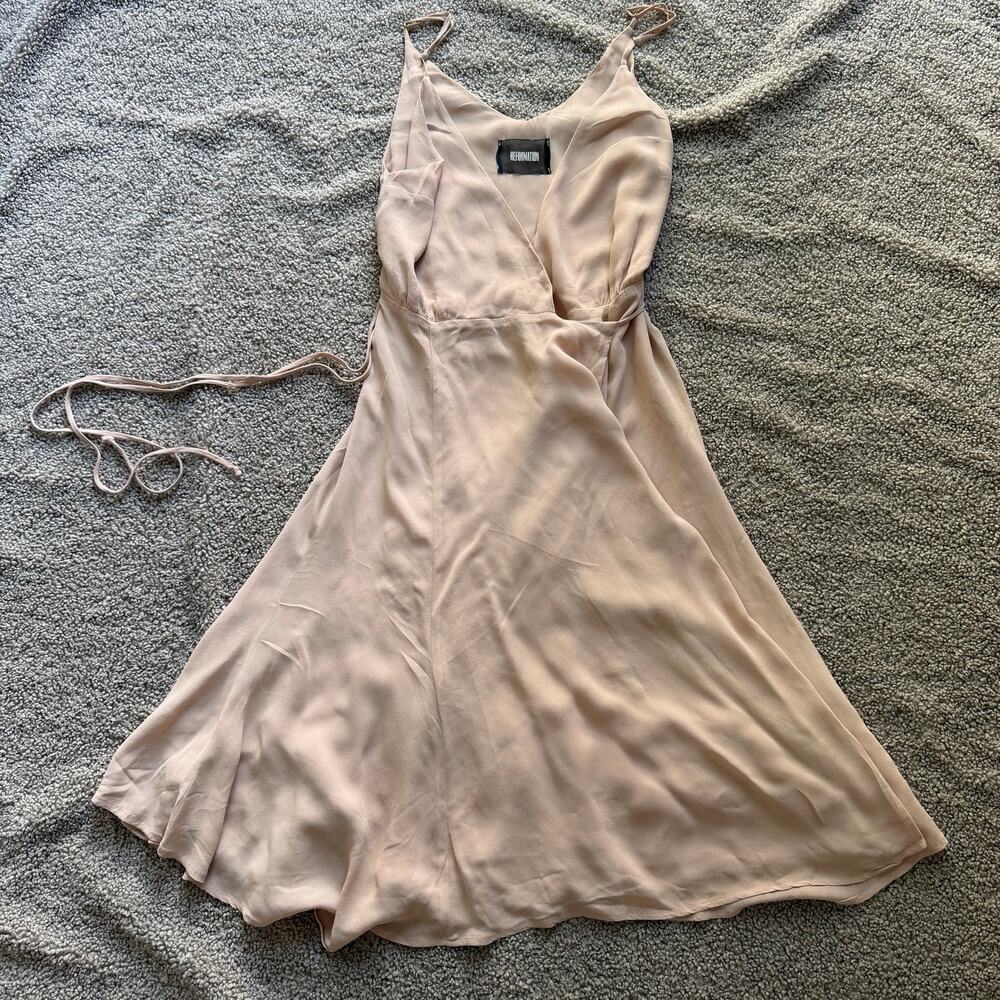 Reformation Tropics Front Wrap Tie Champagne Neutral Beige Dress Size Small